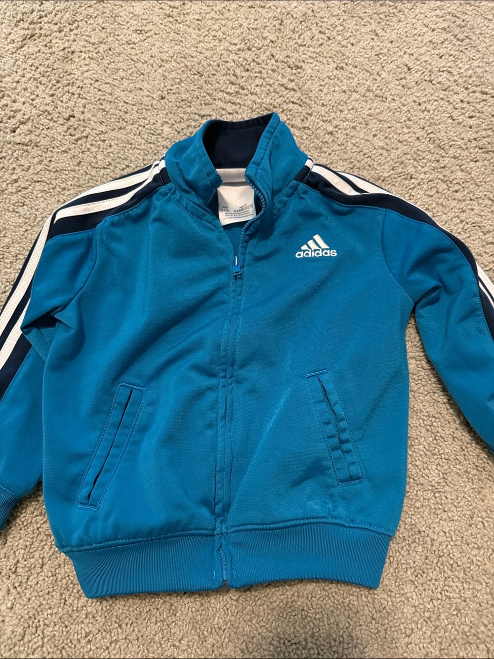 adidas Teal Blue Kids Zip Track Jacket with White Stripes